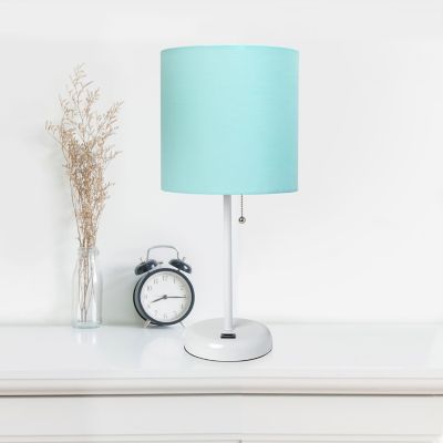 Image showing  19.5 in. H Stick Lamp with USB Charging Port and Fabric Shade, Aqua/White
