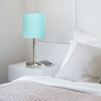 LimeLights 19.5 in. H Stick Lamp with USB Charging Port and Fabric Shade, Aqua/Brushed Steel