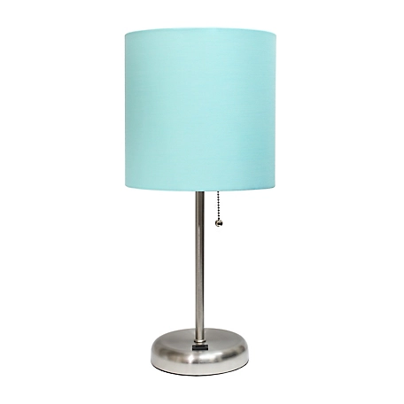 LimeLights 19.5 in. H Stick Lamp with USB Charging Port and Fabric Shade, Aqua/Brushed Steel