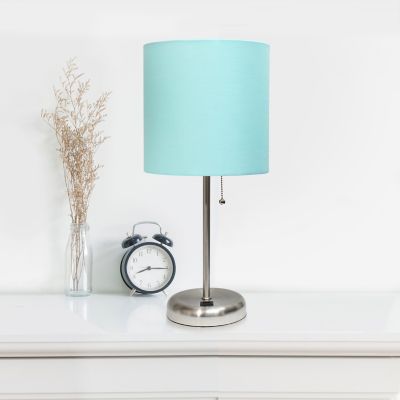 Image showing  19.5 in. H Stick Lamp with USB Charging Port and Fabric Shade, Aqua/Brushed Steel