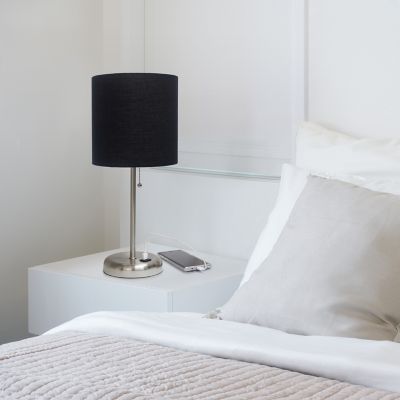 LimeLights 19.5 in. H Stick Lamp with USB Charging Port and Fabric Shade, Black/Brushed Steel