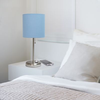 LimeLights 19.5 in. H Stick Lamp with USB Charging Port and Fabric Shade, Blue/Brushed Steel