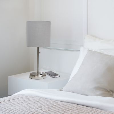 LimeLights 19.5 in. H Stick Lamp with USB Charging Port and Fabric Shade, Gray/Brushed Steel
