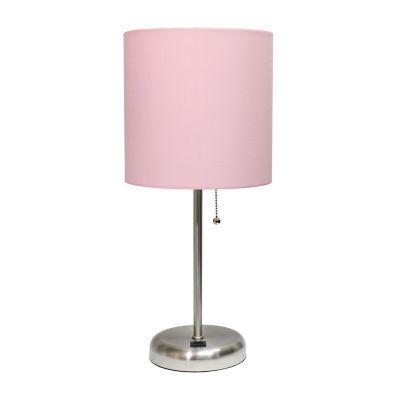 LimeLights 19.5 in. H Stick Lamp with USB Charging Port and Fabric Shade, Light Pink/Brushed Steel