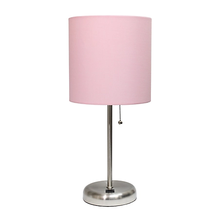 LimeLights 19.5 in. H Stick Lamp with USB Charging Port and Fabric Shade, Light Pink/Brushed Steel