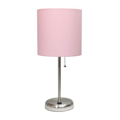 Image showing  19.5 in. H Stick Lamp with USB Charging Port and Fabric Shade, Light Pink/Brushed Steel