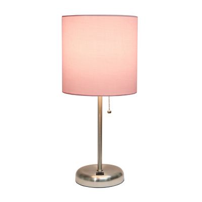 Image showing  19.5 in. H Stick Lamp with USB Charging Port and Fabric Shade, Light Pink/Brushed Steel