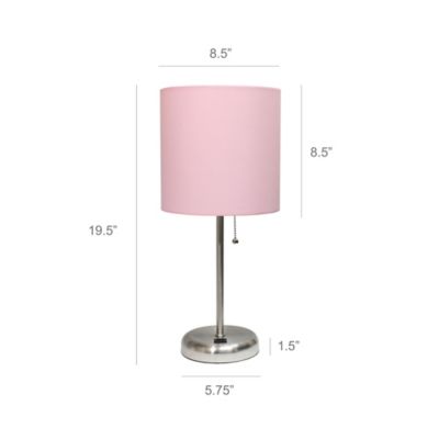 Image showing  19.5 in. H Stick Lamp with USB Charging Port and Fabric Shade, Light Pink/Brushed Steel