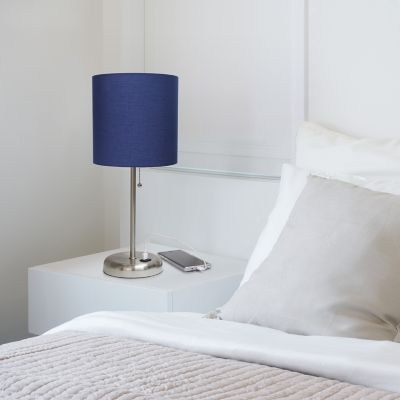 LimeLights 19.5 in. H Stick Lamp with USB Charging Port and Fabric Shade, Navy/Brushed Steel