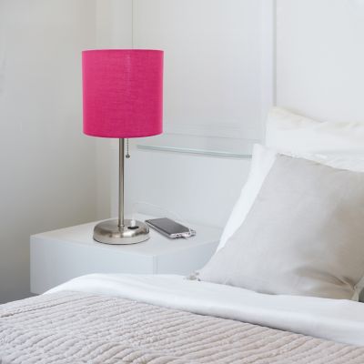 LimeLights 19.5 in. H Stick Lamp with USB Charging Port and Fabric Shade, Pink/Brushed Steel