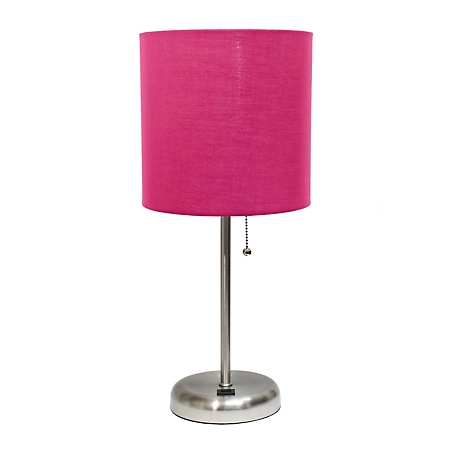 LimeLights 19.5 in. H Stick Lamp with USB Charging Port and Fabric Shade, Pink/Brushed Steel