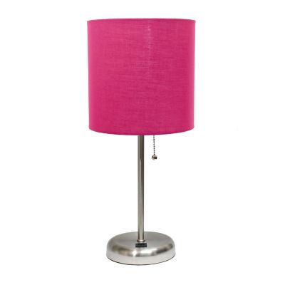 Image showing  19.5 in. H Stick Lamp with USB Charging Port and Fabric Shade, Pink/Brushed Steel