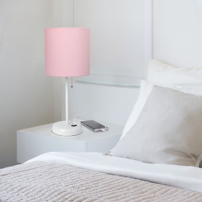 LimeLights 19.5 in. H Stick Lamp with USB Charging Port and Fabric Shade, Light Pink/White