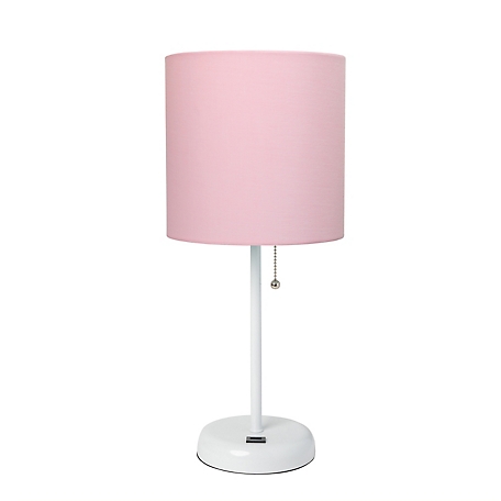 LimeLights 19.5 in. H Stick Lamp with USB Charging Port and Fabric Shade, Light Pink/White