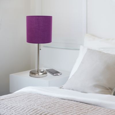 LimeLights 19.5 in. H Stick Lamp with USB Charging Port and Fabric Shade, Purple/Brushed Steel