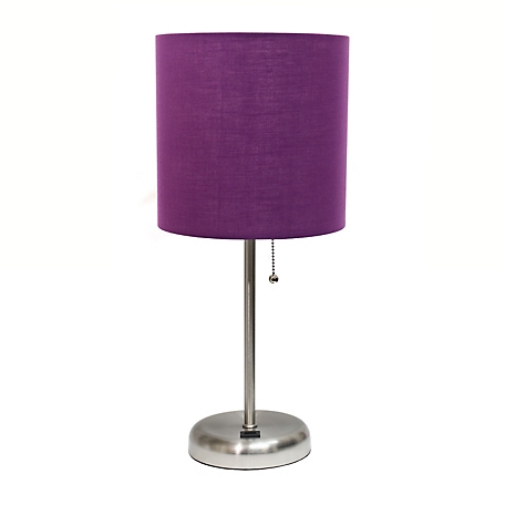 LimeLights 19.5 in. H Stick Lamp with USB Charging Port and Fabric Shade, Purple/Brushed Steel