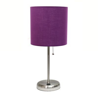 Image showing  19.5 in. H Stick Lamp with USB Charging Port and Fabric Shade, Purple/Brushed Steel
