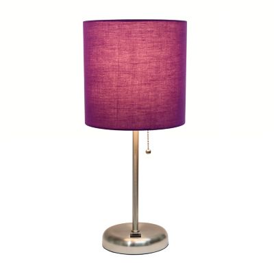 Image showing  19.5 in. H Stick Lamp with USB Charging Port and Fabric Shade, Purple/Brushed Steel
