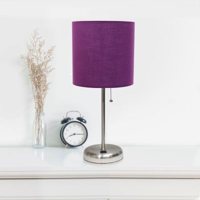 Image showing  19.5 in. H Stick Lamp with USB Charging Port and Fabric Shade, Purple/Brushed Steel