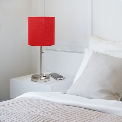 LimeLights 19.5 in. H Stick Lamp with USB Charging Port and Fabric Shade, Red/Brushed Steel