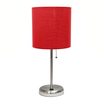 Image showing  19.5 in. H Stick Lamp with USB Charging Port and Fabric Shade, Red/Brushed Steel