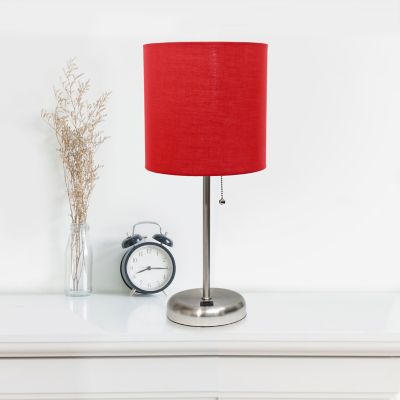 Image showing  19.5 in. H Stick Lamp with USB Charging Port and Fabric Shade, Red/Brushed Steel