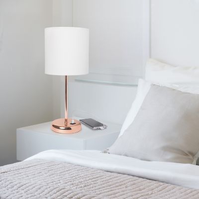 LimeLights 19.5 in. H Stick Lamp with USB Charging Port and Fabric Shade, White/Rose Gold