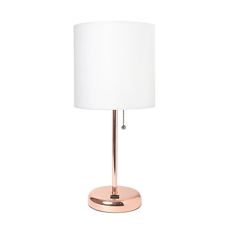 LimeLights 19.5 in. H Stick Lamp with USB Charging Port and Fabric Shade, White/Rose Gold