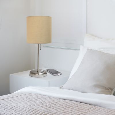 LimeLights 19.5 in. H Stick Lamp with USB Charging Port and Fabric Shade, Tan/Brushed Steel