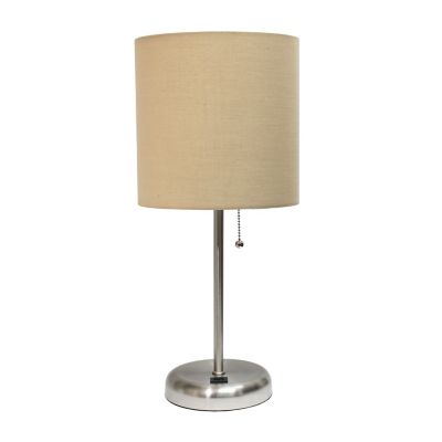 Image showing  19.5 in. H Stick Lamp with USB Charging Port and Fabric Shade, Tan/Brushed Steel
