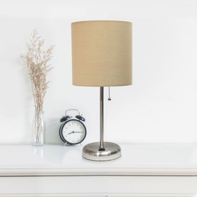 Image showing  19.5 in. H Stick Lamp with USB Charging Port and Fabric Shade, Tan/Brushed Steel