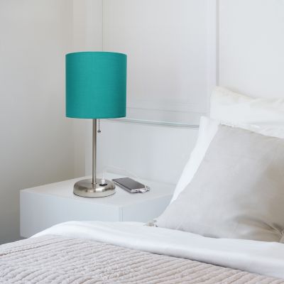 LimeLights 19.5 in. H Stick Lamp with USB Charging Port and Fabric Shade, Teal/Brushed Steel