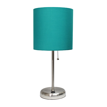 LimeLights 19.5 in. H Stick Lamp with USB Charging Port and Fabric Shade, Teal/Brushed Steel