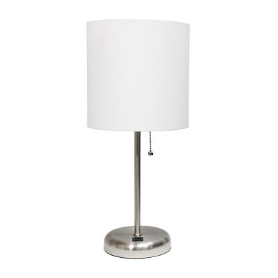 LimeLights 19.5 in. H Stick Lamp with USB Charging Port and Fabric Shade, White/Brushed Steel