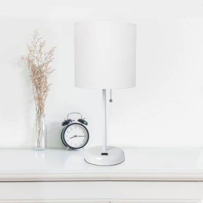 Image showing  19.5 in. H Stick Lamp with USB Charging Port and Fabric Shade, White/White