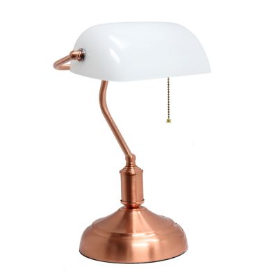 Simple Designs 14.75 in. H Executive Banker's Desk Lamp with Glass Shade, Rose Gold