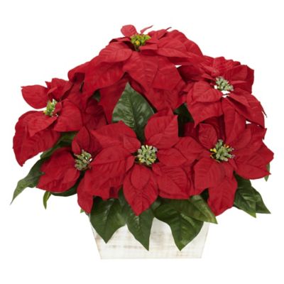 Nearly Natural 17 in. Poinsettia with White Wash Planter Silk Arrangement