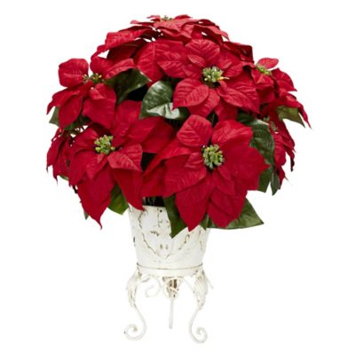 Nearly Natural 21 in. Poinsettia with Metal Planter Silk Flower Arrangement