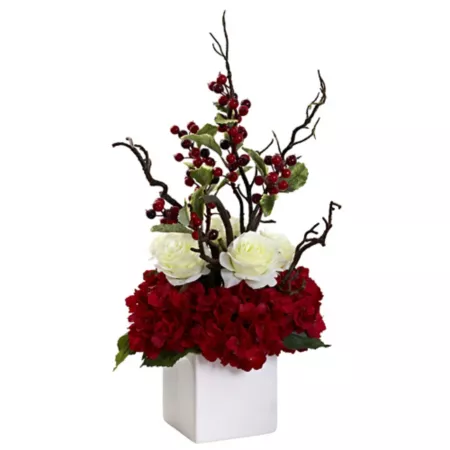 Nearly Natural 24 in Holiday Cheers Arrangement with Vase Artificial Christmas Plants