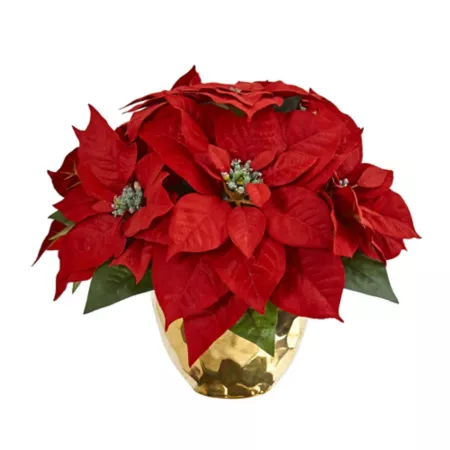 Nearly Natural 11" Artificial Poinsettia Arrangement in Gold Vase Artificial Christmas Plants