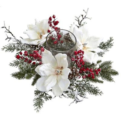 Image showing  6 in. Frosted Magnolia and Berry Artificial Arrangement Candelabrum