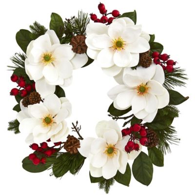 Nearly Natural 26 in. Magnolia Pine and Berries Wreath