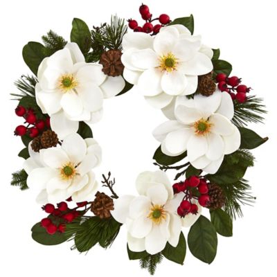 Nearly Natural 26 in. Magnolia Pine Artificial Wreath and Berries