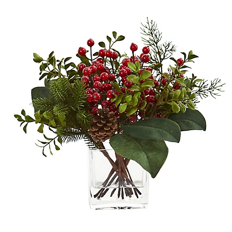 Nearly Natural 12 in. Berry Pine and Boxwood Artificial Arrangement