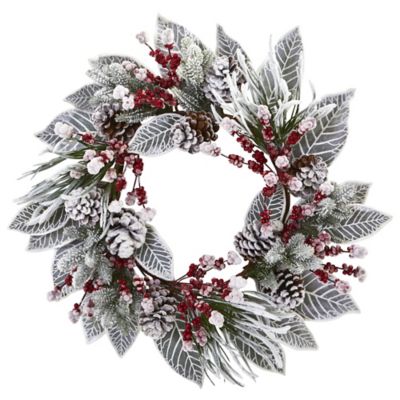 Nearly Natural 24 in. Snowy Magnolia Berry Artificial Wreath