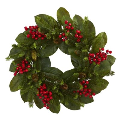 Nearly Natural 24 in. Magnolia Leaf and Pine Artificial Wreath with Berries
