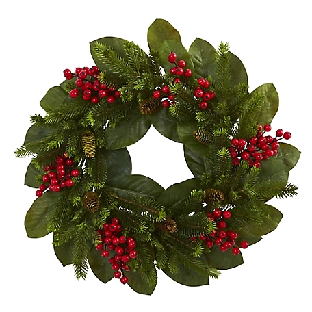 Nearly Natural 24 in. Magnolia Leaf Berry and Pine Artificial Wreath
