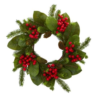 Nearly Natural 19 in. Magnolia Leaf Berry and Pine Artificial Wreath