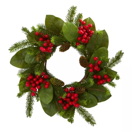 Nearly Natural 19" Artificial Pine and Magnolia Berry Wreath Artificial Christmas Wreaths