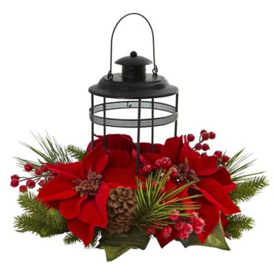 Nearly Natural 13 in. Poinsettia Berry Pine Artificial Arrangement Candelabrum